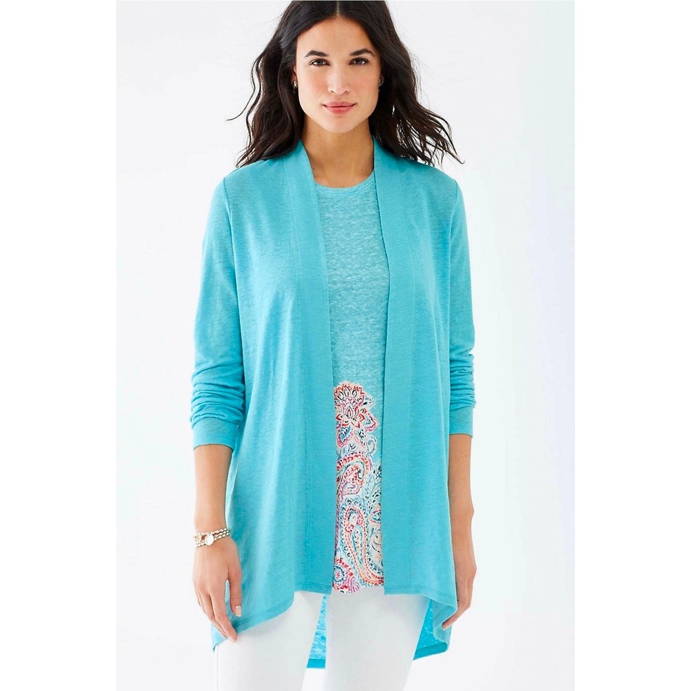 Talbots Womens XL Aqua Blue 100%Linen Open Front Knit Cardigan Sweater Pointelle